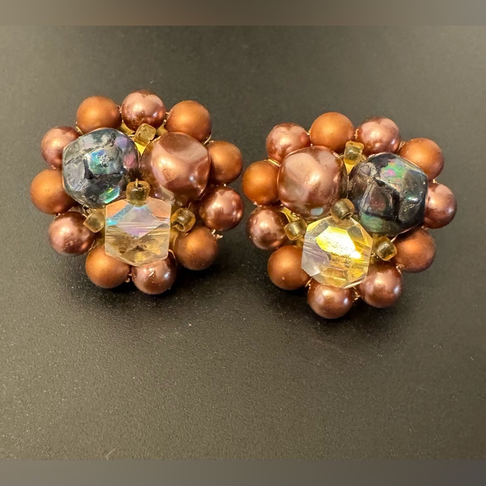 Vintage Japanese Bead Cluster Clip On Earrings Brown Pearl Aurora Borealis - EUC